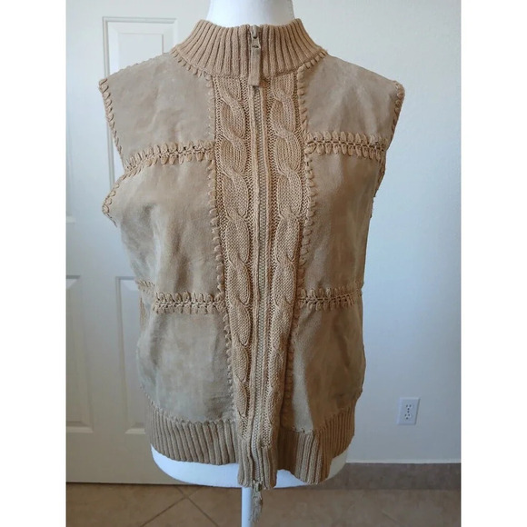 Designers Studio Originals S Leather Knit Sweater Vest Zip Front Tan Boho Hippie - Picture 1 of 16